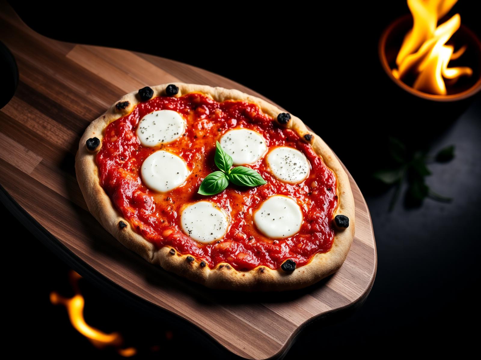 Wood-fired margherita pizza on a wooden peel
